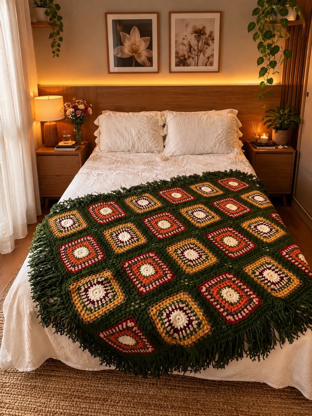 Manta de Crochê Granny Square Verde Floresta com Franjas