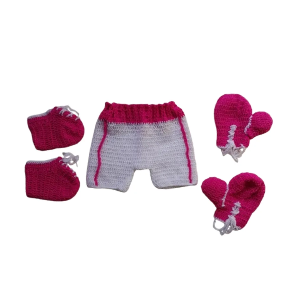 Newborn Boxeador Bebê Crochê Rosa e Branco - 4 Peças