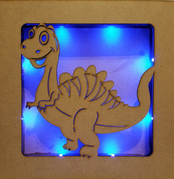 Quadro de mdf cru com led de 3 cores - dinossauro