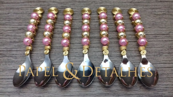 Colheres Decoradas Rosa com Dourado