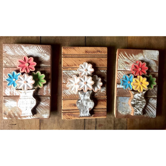 Kit 3 Quadros Decorativos Flor Madeira Varanda Quarto Sala