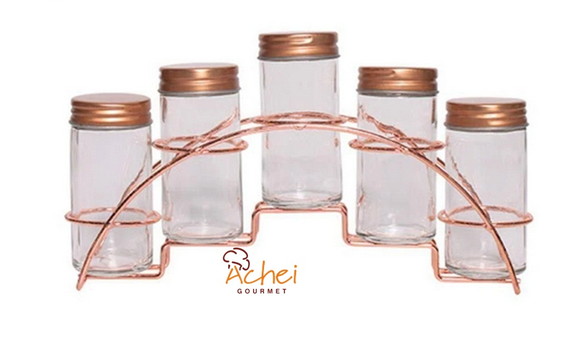 Jogo 5 Potes Porta Condimento com Tampa e Suporte 90ml Rose