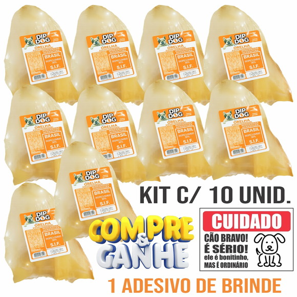 Orelha Bovina Natural Petisco Cachorro Dip Dog Kit 10 Unid
