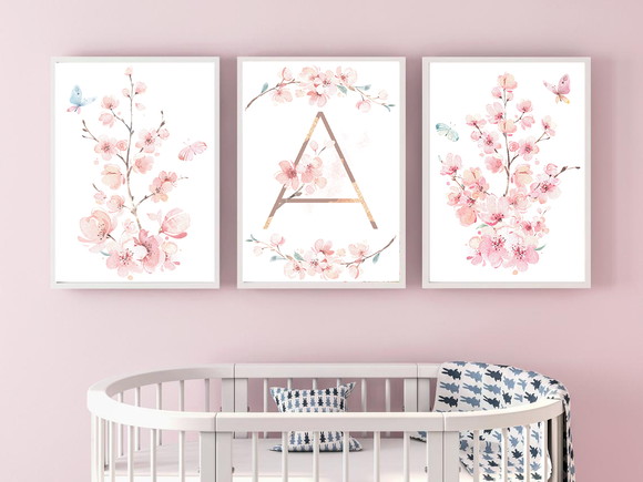 Kit 3 Quadros Decorativos Floral Inicial Aquarela