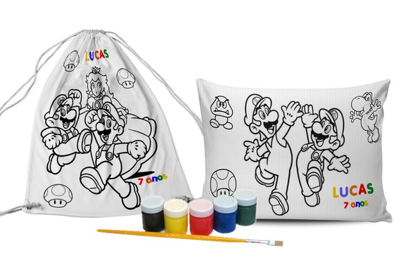 Kit de Colorir Super Mário Mochila Almofada Tinta Lembrancin