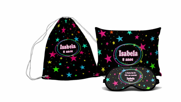 Kit Festa Tema Neon Estrelas Mochilinha Almofada Máscara Lem