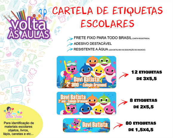 FRETE FIXO - 100 Etiquetas Escolares Baby Shark