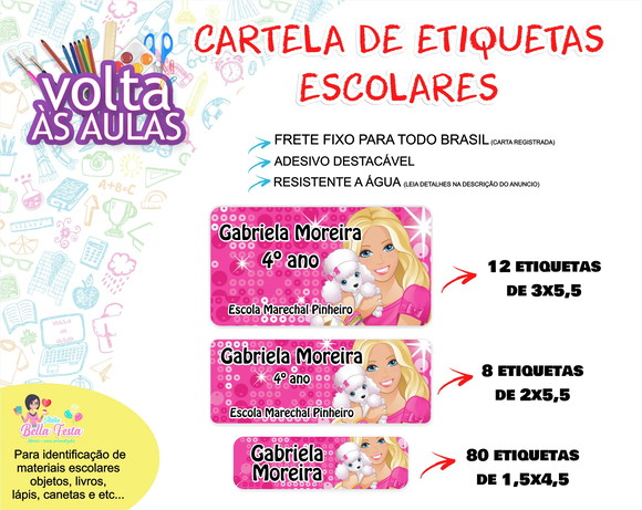 FRETE FIXO - 100 Etiquetas Escolares Barbie