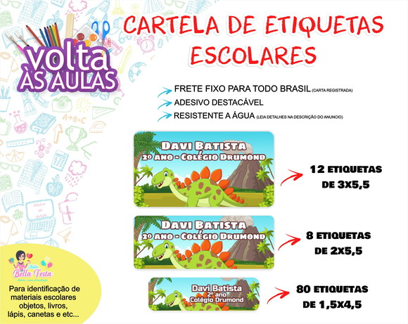 FRETE FIXO - 100 Etiquetas Escolares Dinossauro