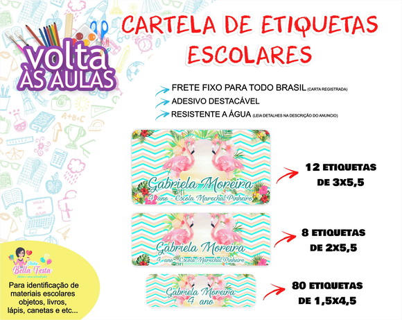 FRETE FIXO - 100 Etiquetas Escolares Flamingo