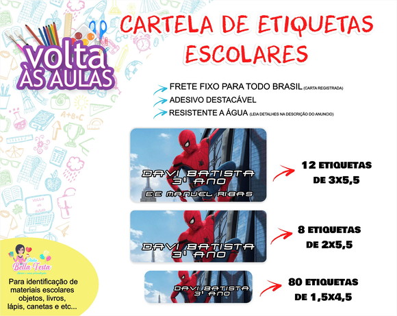 FRETE FIXO - 100 Etiquetas Escolares homem aranha