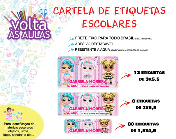 FRETE FIXO - 100 Etiquetas Escolares Lol