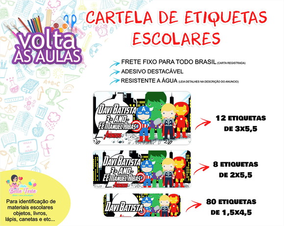 FRETE FIXO - 100 Etiquetas Escolares Vingadores cute