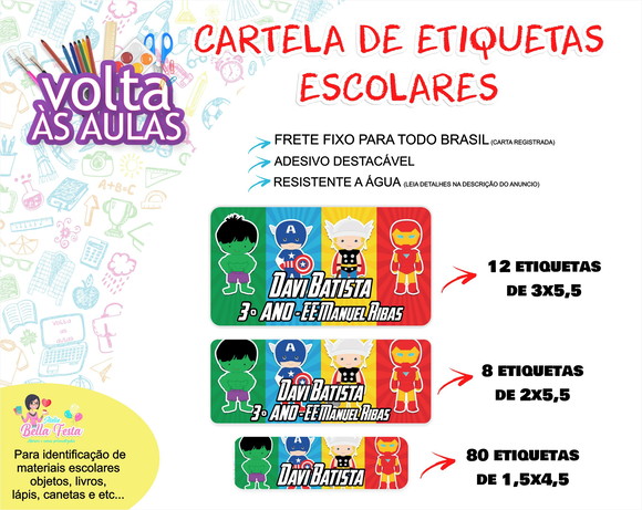 FRETE FIXO - 100 Etiquetas Escolares Vingadores cute