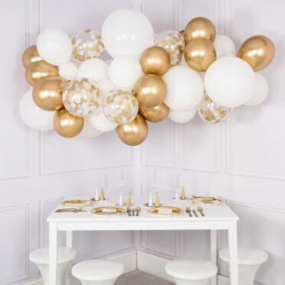Kit Arco Desconstruído Fita Balões Dourado Branco Réveillon