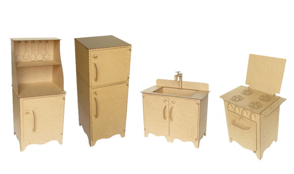 Kit cozinha infantil 4 peças em mdf cru com acessórios