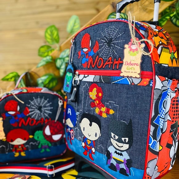 Mochila, Lancheira e Estojo (kit Escolar Heróis)