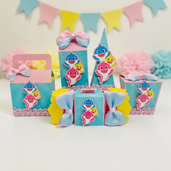 Kit Festa: 50 Caixas Baby Shark Rosa Lembrancinha de Festa