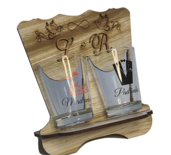 Suporte Personalizado Iniciais 2 Copos Madrinha Padrinho