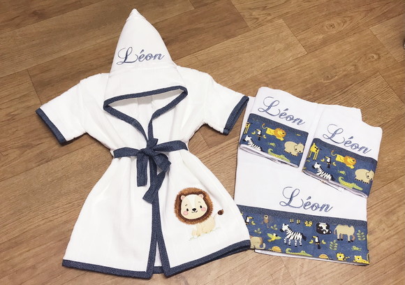 Roupão para Bebê Mais Kit Fralda Tema Safari Azul Leão