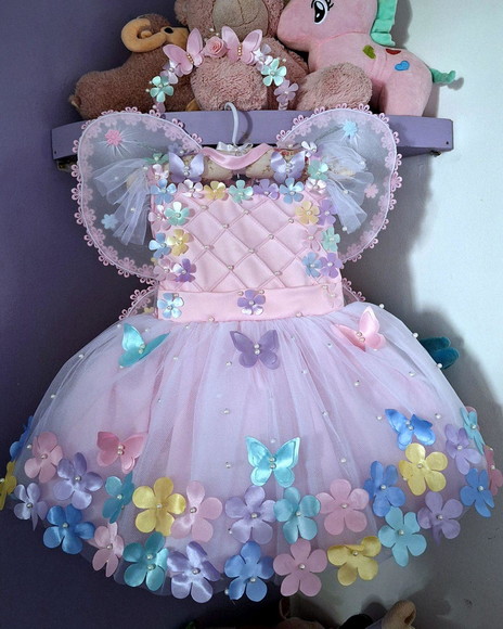 Vestido Infantil Encantado Rosa Luxo + Faixa + Asa