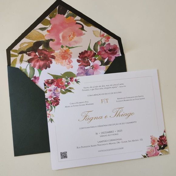 Convite Casamento Forrado Verde Escuro Floral
