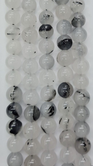 Conta de Pedra Natural Quartzo com Turmalina Negra 8mm / Fio