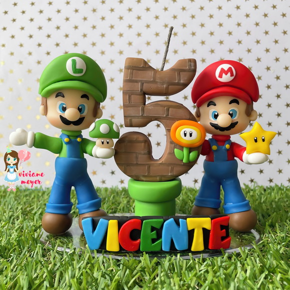 Super Mario Topo de Bolo Vela de Biscuit Festa Infantil