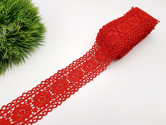 Renda guipir com barrado vermelho - 3 metros