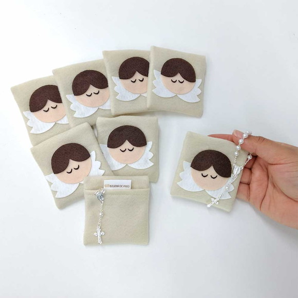 10 Envelopes com Mini Terço Anjinho Lembrancinha Batizado