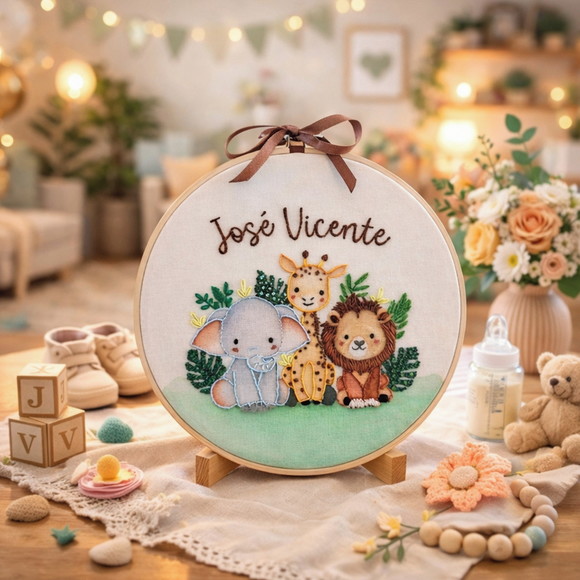 Porta Maternidade Safari Bordado a Mão Sobre Aquarela