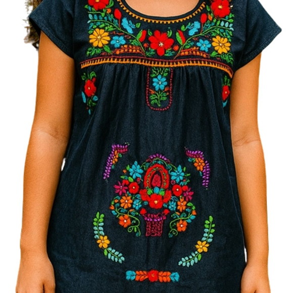 Vestido Jeans Bordado a Mão 8 a 10 Anos Mexicano