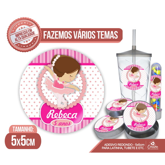 Adesivo Redondo 5cm - Latinha - Bailarina Rosa