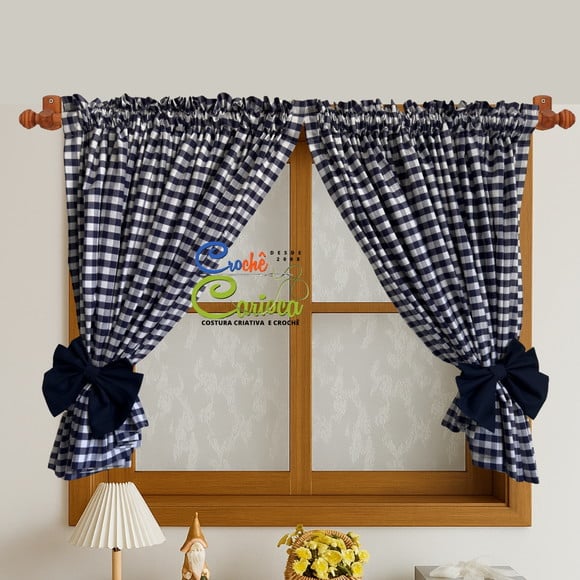 Cortina Xadrez Azul Farmhouse 100% Algodão Sob Medida