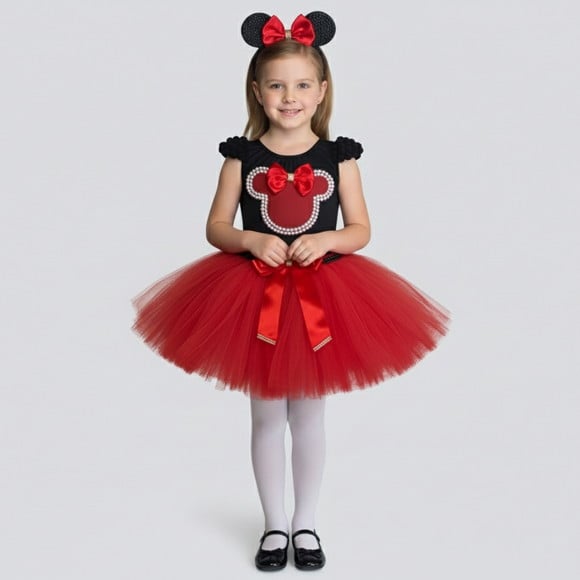 Conjunto Tutu da Minnie Vermelha Luxo Bordada de Pérolas