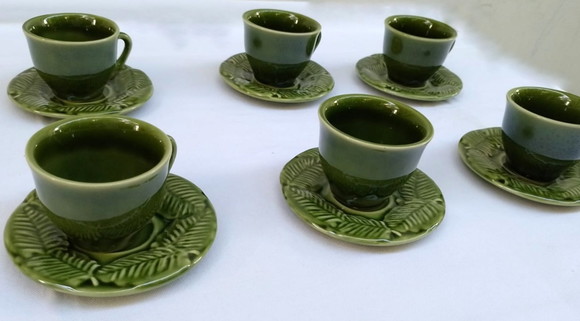 Conjunto de Xícaras com Pires em Cerâmica, Verde, Folha