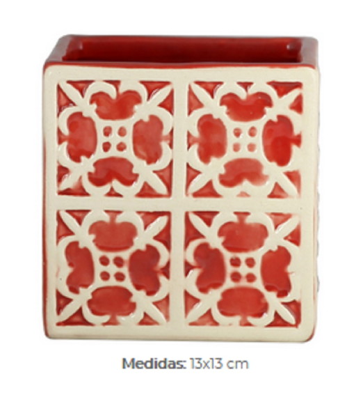 Vaso de cerâmica quadrado, Cachepô, Azulejos, Decor-vermelho
