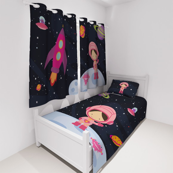Jogo Cama Infantil Lençol e Cortina Astronauta Menina