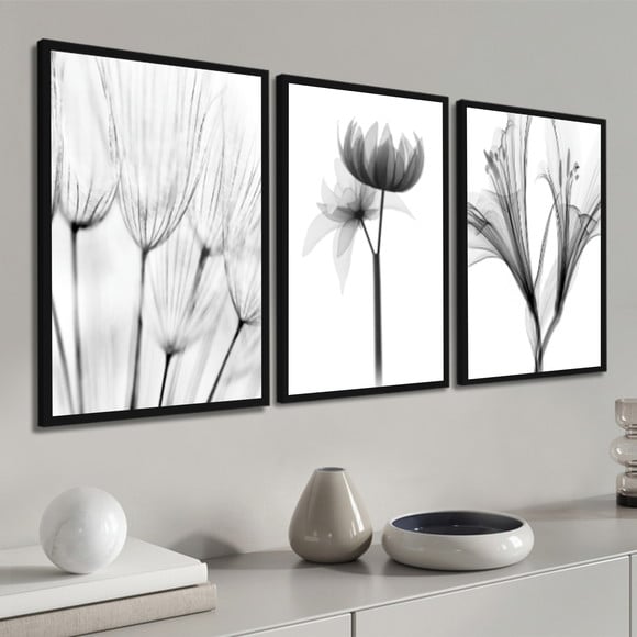 3 Quadros Decorativos Flores Preto e Branco Botânico Moldura
