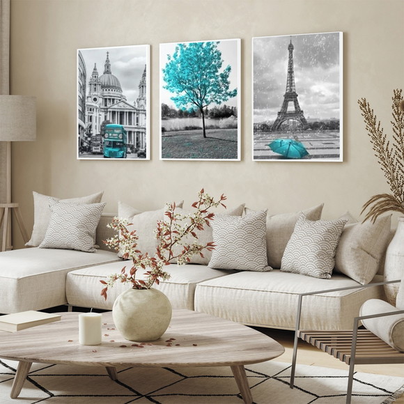 Kit 3 Quadros Decorativos Londres Paris Azul Cidades Moldura