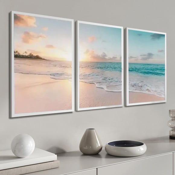 Kit 3 Quadros Praia Decoração Paisagem Mar Sol com Molduras