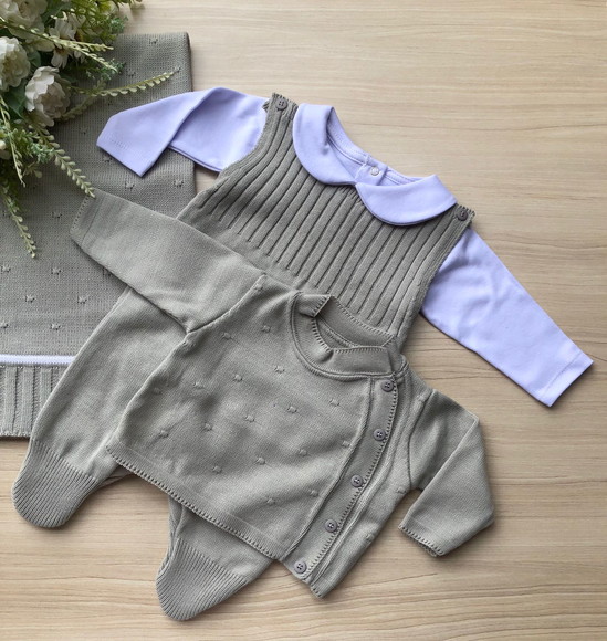 Saída de Maternidade Menino Cinza Tricot 4 Peças Tricô