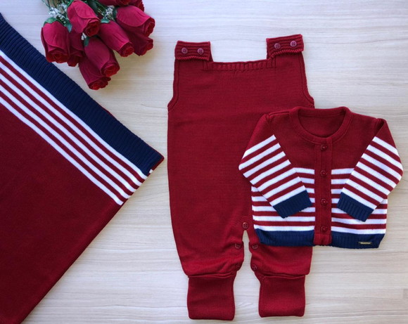 Saída de Maternidade Menino Vermelha Listrada Tricot 3 Peças