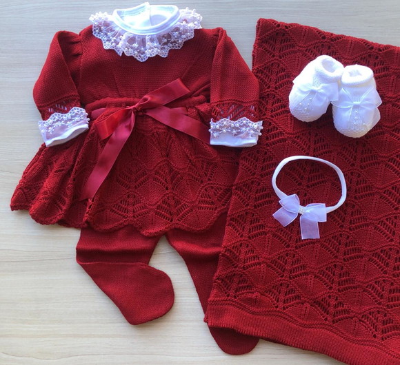 Saída Maternidade de Menina Vermelha Vestido 6 Pças Completa