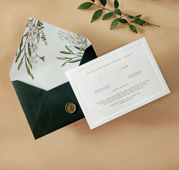 Convite Casamento Verde Folhagens - Cv 28 ( com Hostamping)