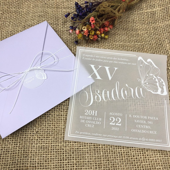 Convite 15 Anos Lilás com Vegetal em Branco