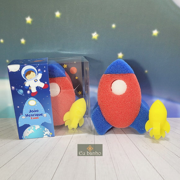 Kit Esponja e Sabonete Astronauta Foguete Lembrancinha 0509