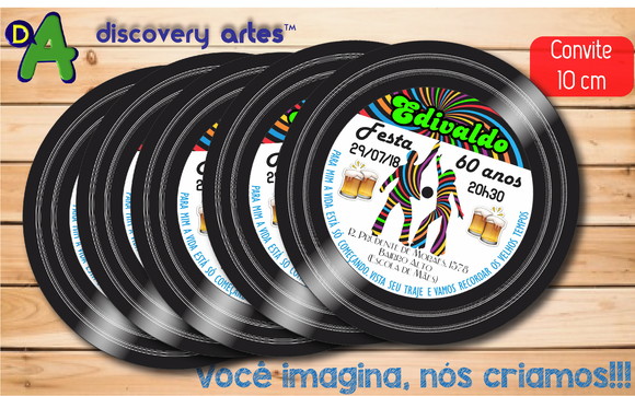 Convite Disco Anos 60 (10 cm Diâmetro)