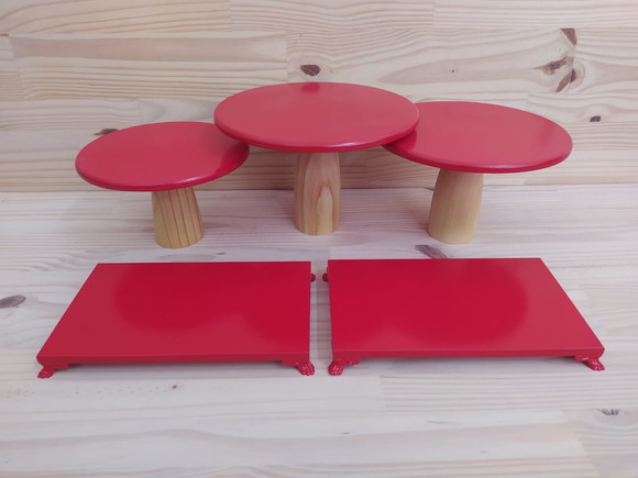 Kit Boleira Cogumelo e Bandeja Colorida mdf Festa Vermelho