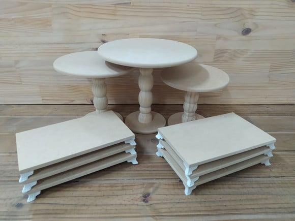 Kit Trio Boleira Mais 6 Bandejas Mesa Festa mdf Cru